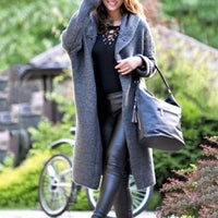 Andrea | Women's Hooded Open-Front Ribbed Knit Maxi Cardigan in Gray