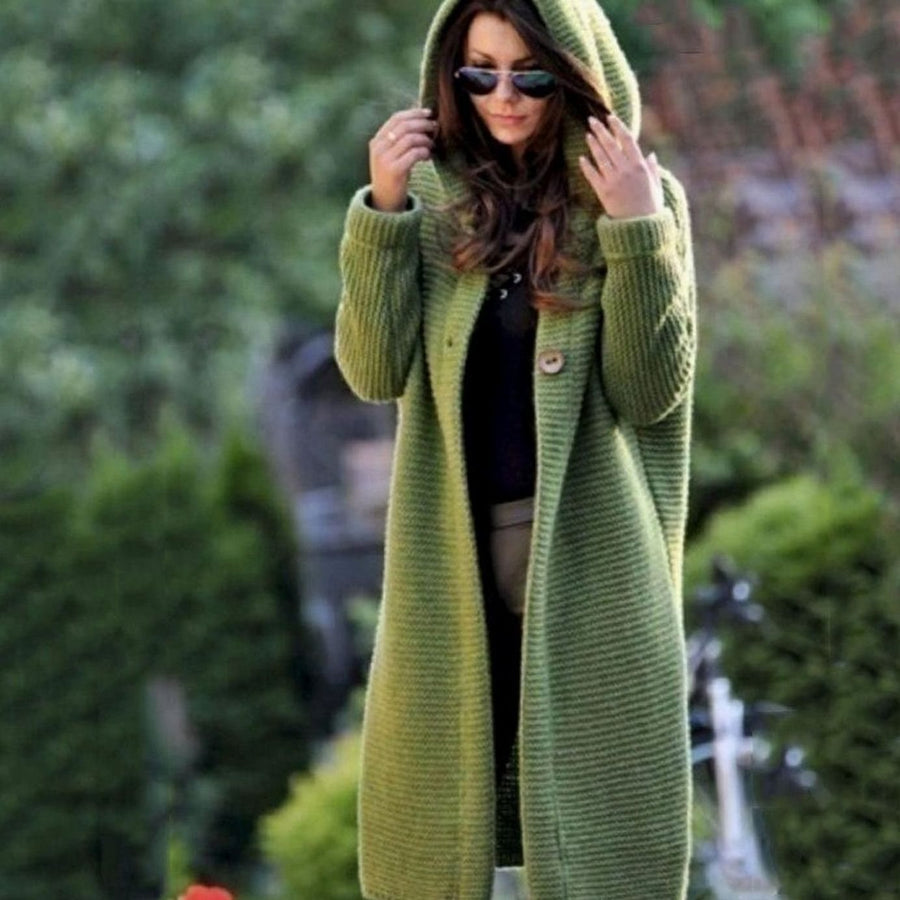 Andrea | Women's Hooded Open-Front Ribbed Knit Maxi Cardigan in Green