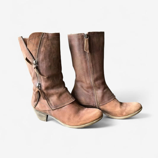 Anemone | Women's Mid-Calf Side Zip Detail Boots in Brown