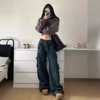 Anemone | Women's Oversized Pockets Jeans in Dark Blue
