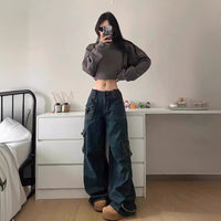 Anemone | Women's Oversized Pockets Jeans in Dark Blue