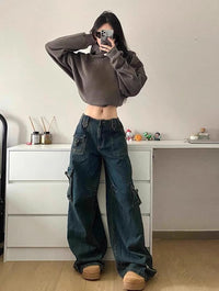 Anemone | Women's Oversized Pockets Jeans in Dark Blue