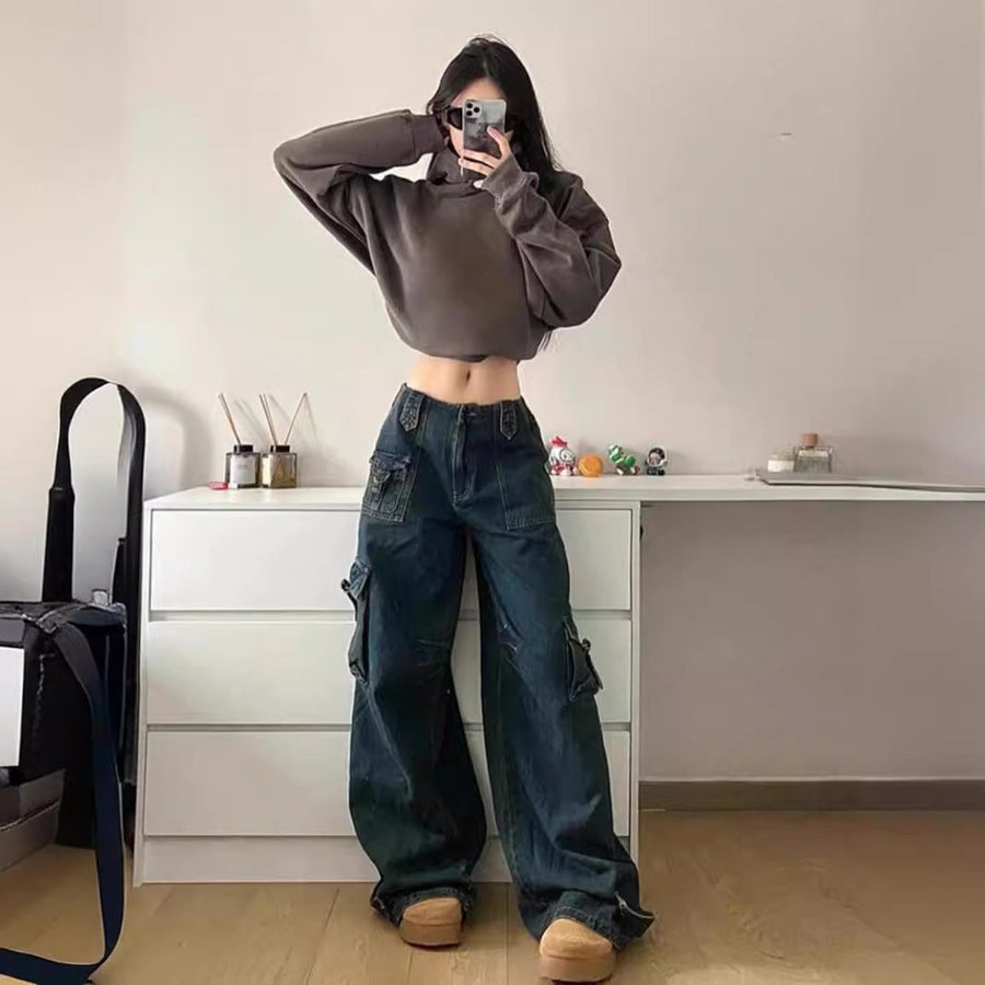 Anemone | Women's Oversized Pockets Jeans in Dark Blue