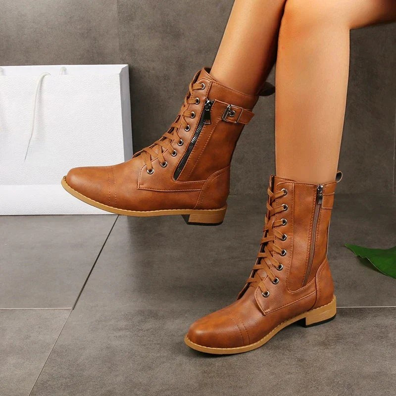Angelique | Women's Mid-Calf With Lace-Up Front Boots in Brown