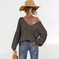 Angharad | Women's V-Neck Puff Sleeve Top in Brown