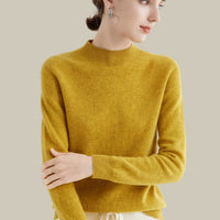 Anna | Women's Merino Wool Sweaters Mock Neck Relaxed Fit Knit Sweater in Mustard Yellow
