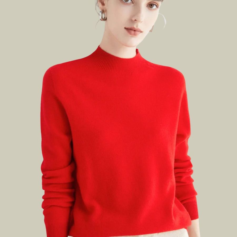 Anna | Women's Merino Wool Sweaters Mock Neck Relaxed Fit Knit Sweater in Red