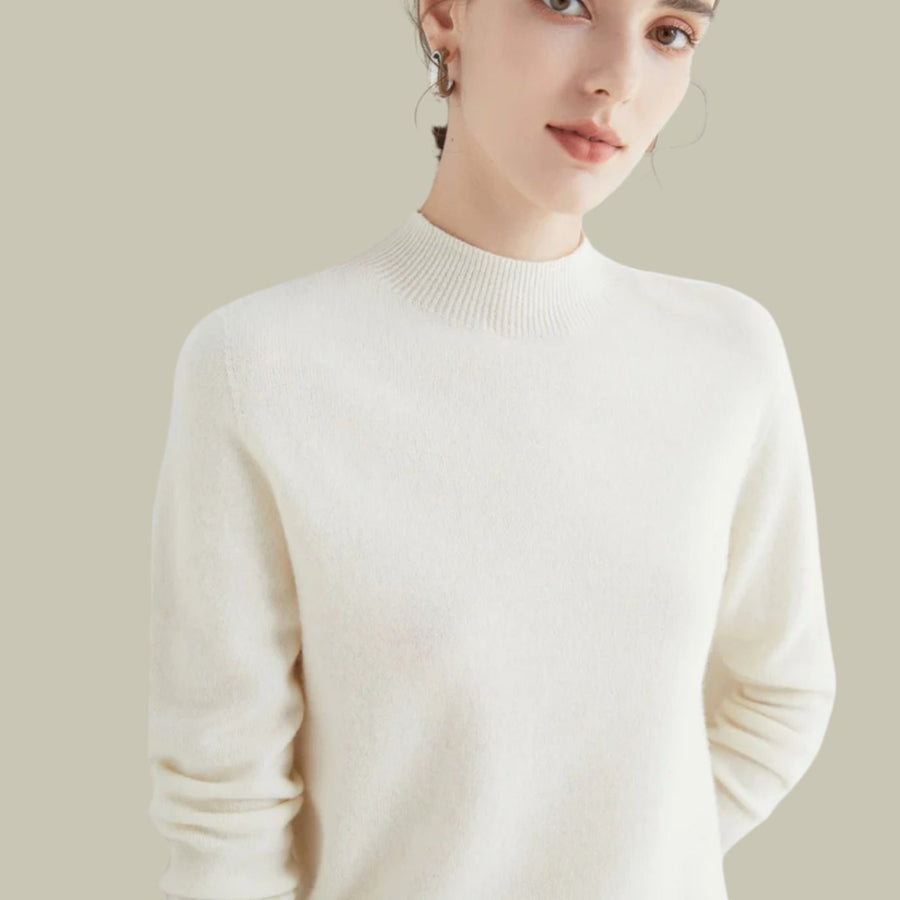 Anna | Women's Merino Wool Sweaters Mock Neck Relaxed Fit Knit Sweater in White