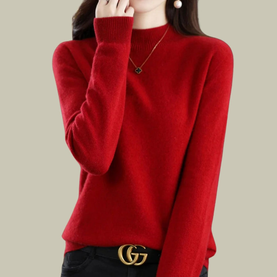 Anna | Women's Merino Wool Sweaters Mock Neck Relaxed Fit Knit Sweater in Wine Red