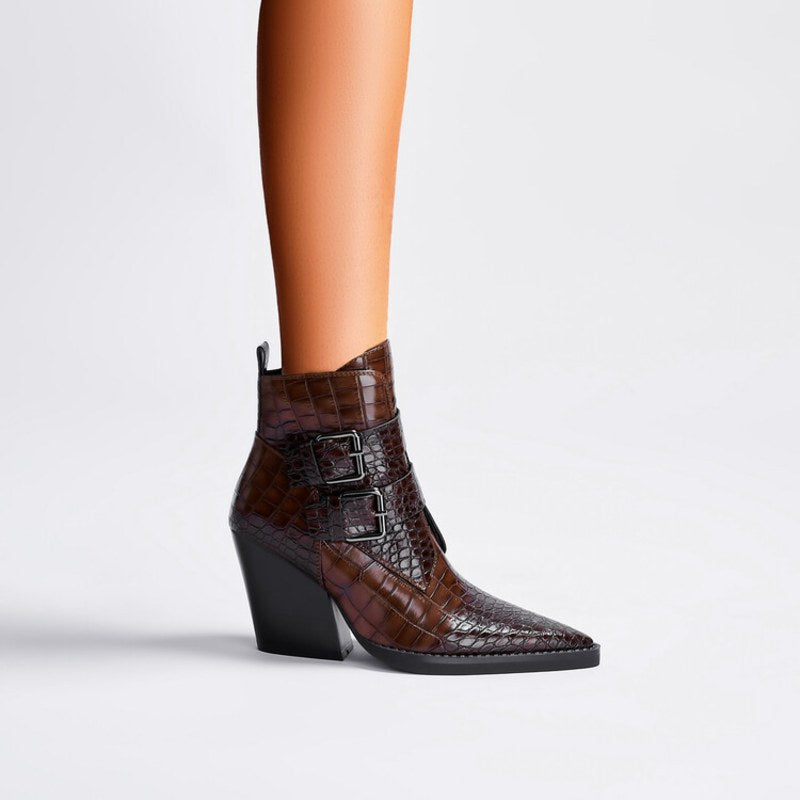 Annabel | Women's Pointed Toe Ankle Block Heel With Buckle Boots