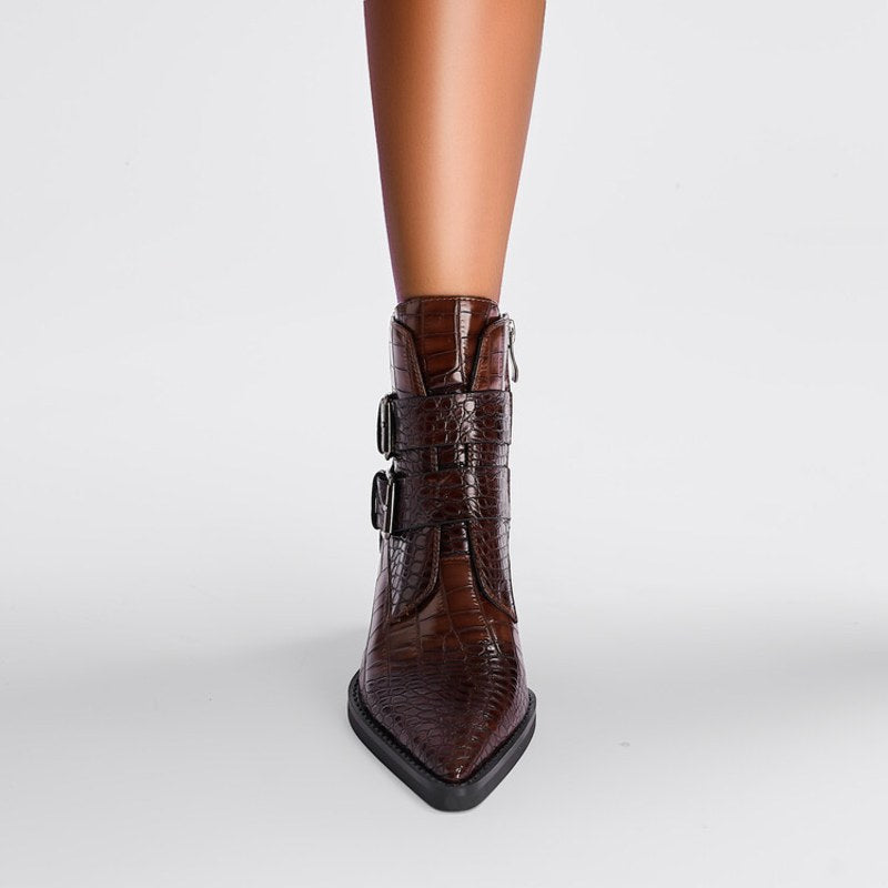 Annabel | Women's Pointed Toe Ankle Block Heel With Buckle Boots