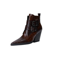 Annabel | Women's Pointed Toe Ankle Block Heel With Buckle Boots in Brown