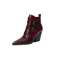 Annabel | Women's Pointed Toe Ankle Block Heel With Buckle Boots in Wine Red