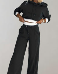 Annabelle | Women's Two-Piece Cropped Hoodie Wide-Leg Tracksuit Pants Set in Black