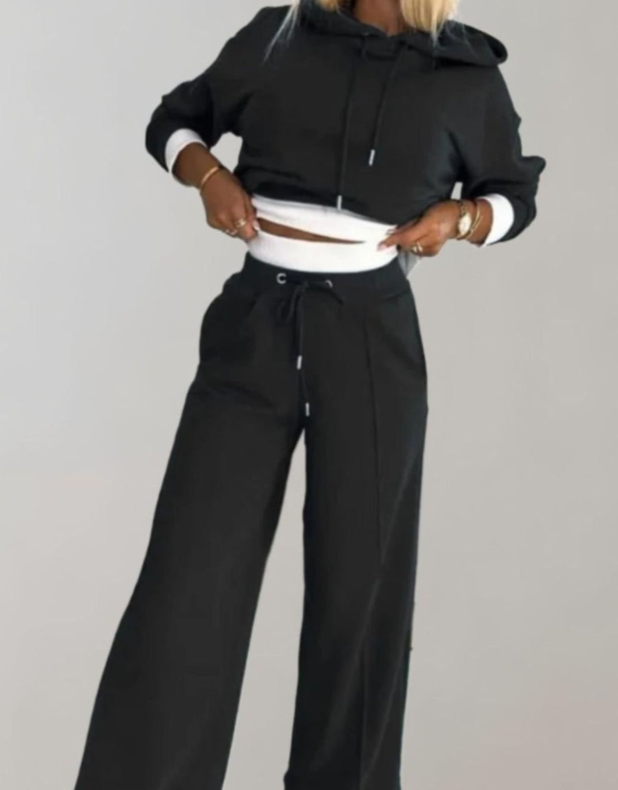 Annabelle | Women's Two-Piece Cropped Hoodie Wide-Leg Tracksuit Pants Set in Black