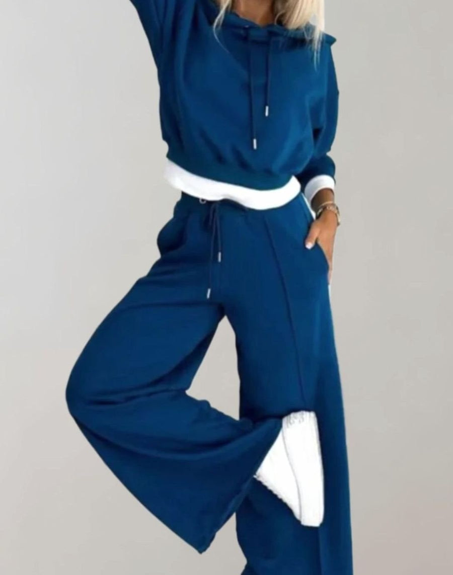 Annabelle | Women's Two-Piece Cropped Hoodie Wide-Leg Tracksuit Pants Set in Blue