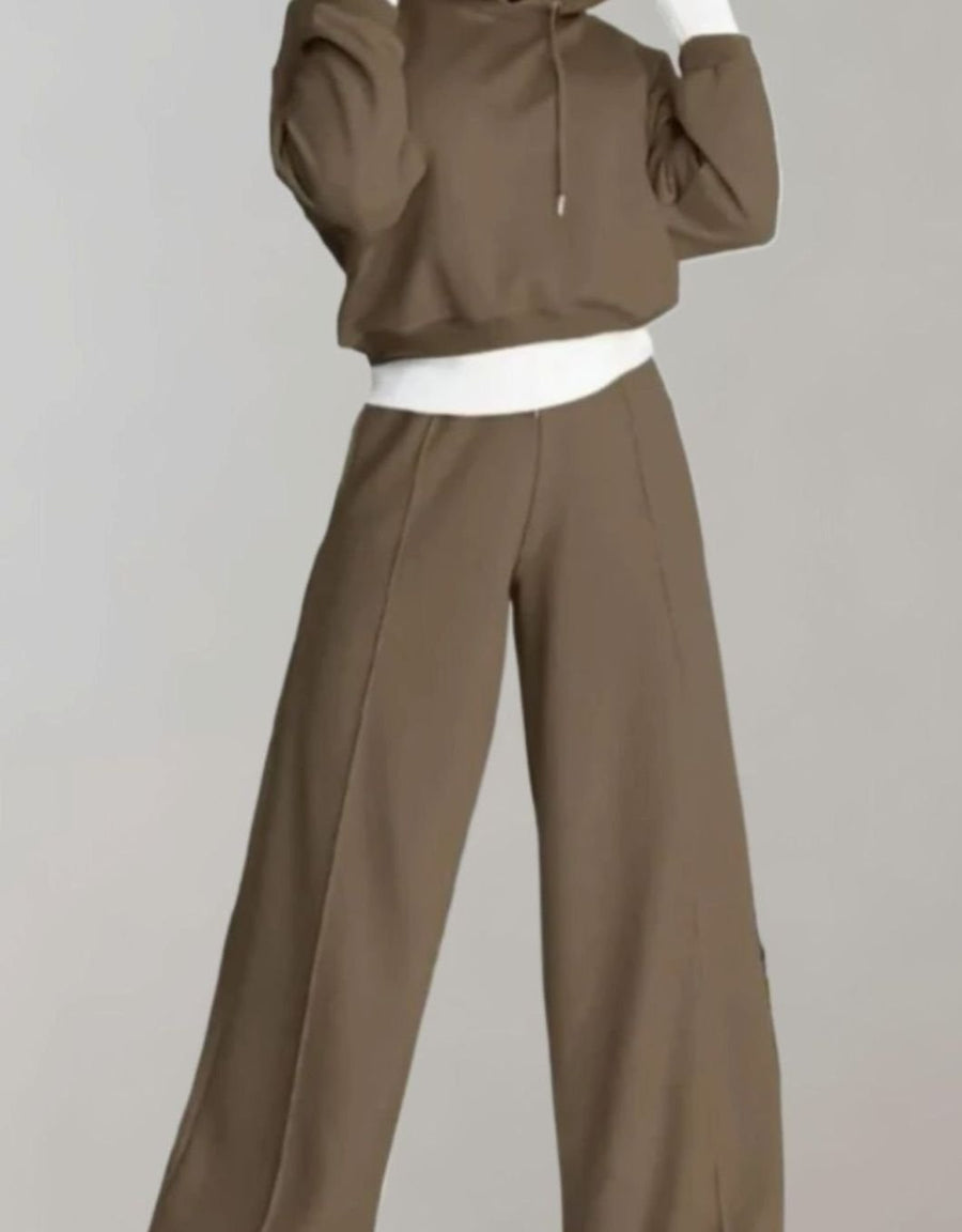 Annabelle | Women's Two-Piece Cropped Hoodie Wide-Leg Tracksuit Pants Set in Brown