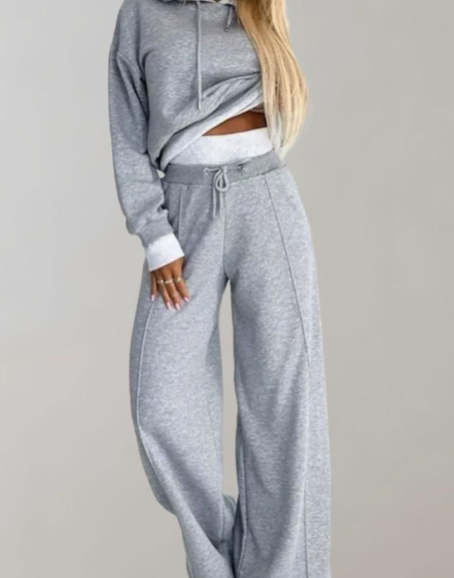 Annabelle | Women's Two-Piece Cropped Hoodie Wide-Leg Tracksuit Pants Set in Gray