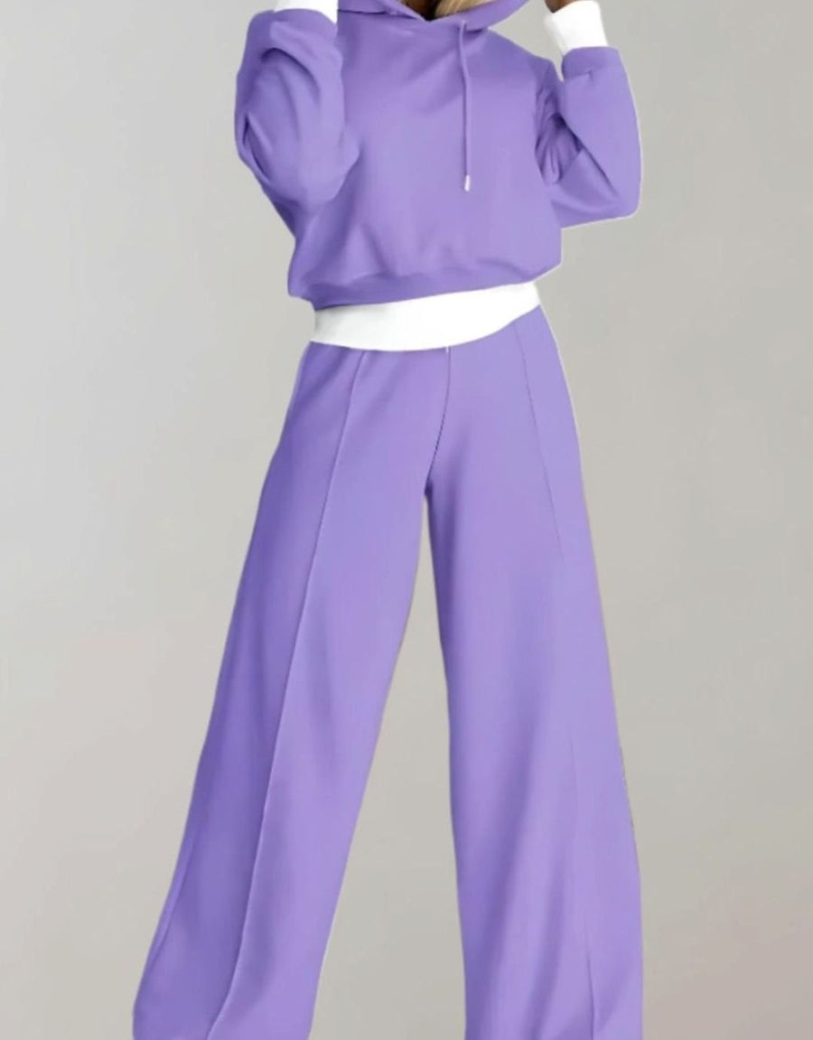 Annabelle | Women's Two-Piece Cropped Hoodie Wide-Leg Tracksuit Pants Set in Purple