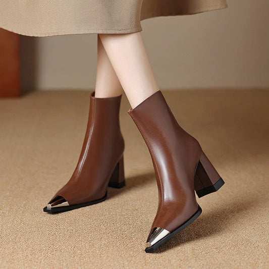Anneke | Women's Pointed Toe Block Heel Style Boots in Brown
