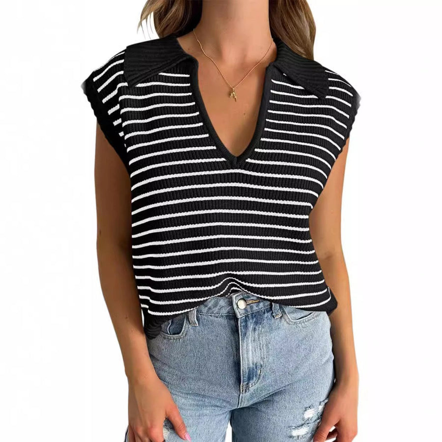Anneli | Women's V-Neck Striped Top in Black