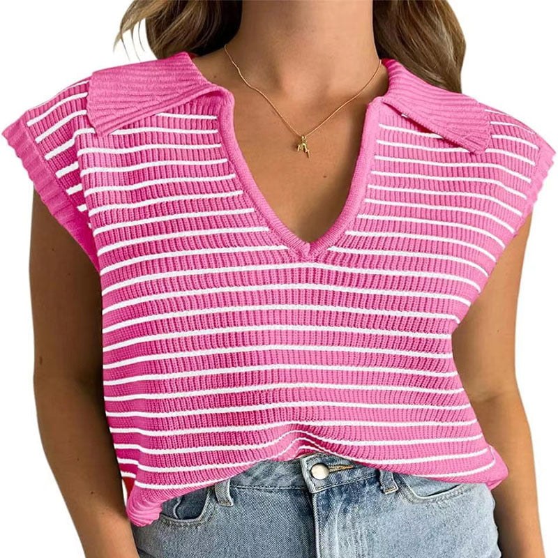 Anneli | Women's V-Neck Striped Top in Dark Red