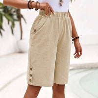 Anneli | Women's Knee Length Elastic Waist Button Detail Shorts in Khaki