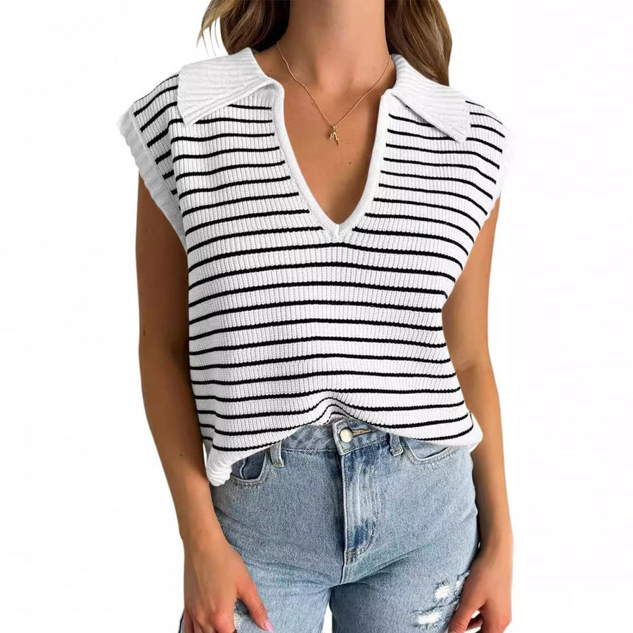 Anneli | Women's V-Neck Striped Top in White