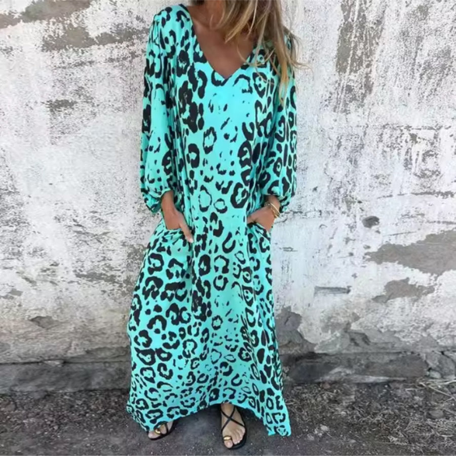 Aquilina | Women's Printed Pocket Long Sleeve Maxi Spring Dress in Dark Blue