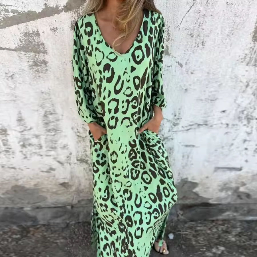 Aquilina | Women's Printed Pocket Long Sleeve Maxi Spring Dress in Green