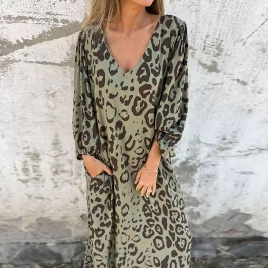 Aquilina | Women's Printed Pocket Long Sleeve Maxi Spring Dress in Khaki