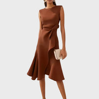 Arabel | Women's Ruffle Hem Wrap Detail Midi Dress in Brown