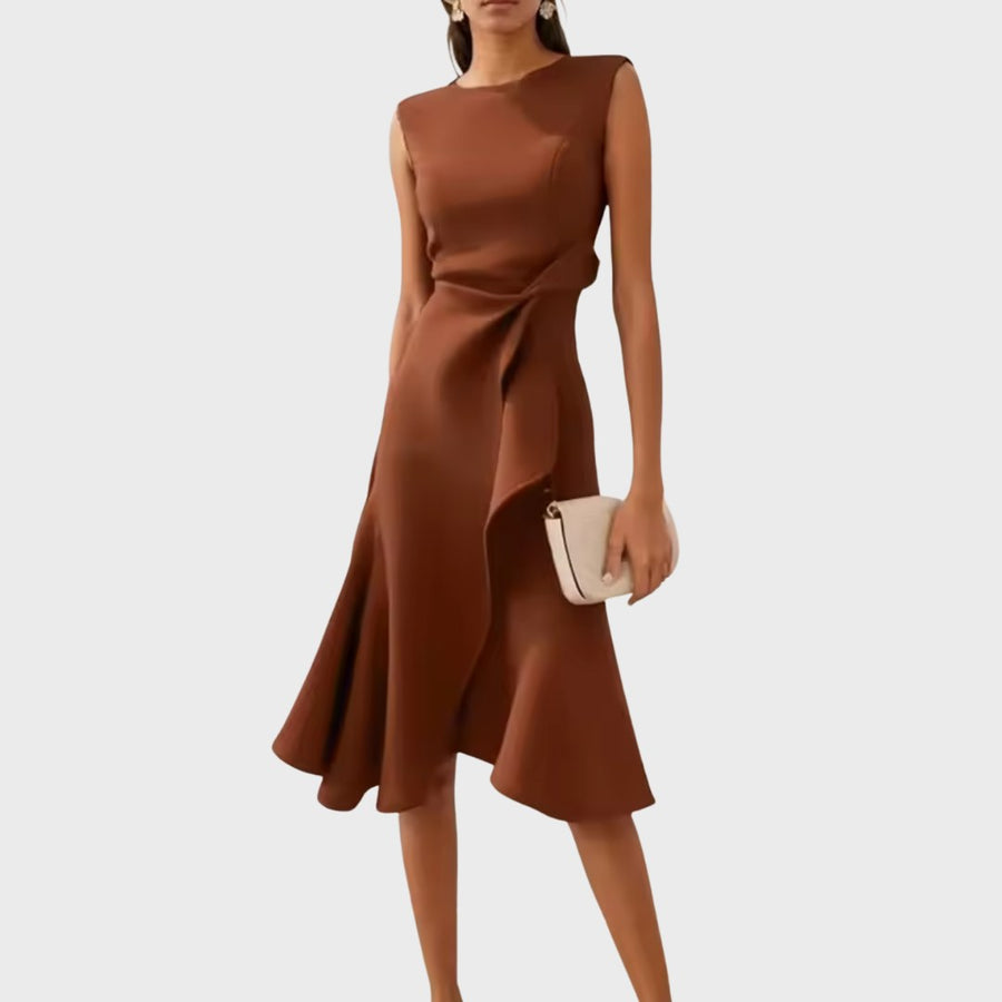 Arabel | Women's Ruffle Hem Wrap Detail Midi Dress in Brown