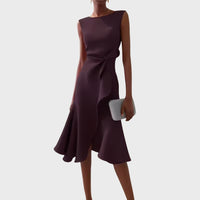Arabel | Women's Ruffle Hem Wrap Detail Midi Dress in Dark Purple