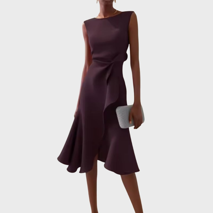 Arabel | Women's Ruffle Hem Wrap Detail Midi Dress in Dark Purple