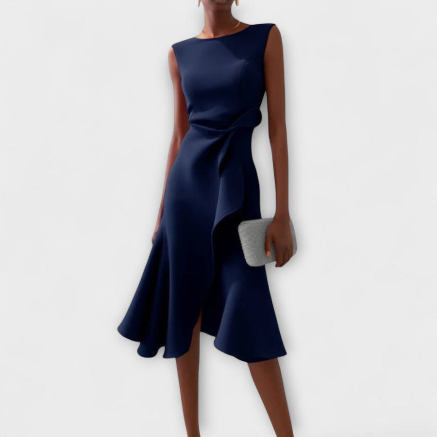 Arabel | Women's Ruffle Hem Wrap Detail Midi Dress in Navy Blue