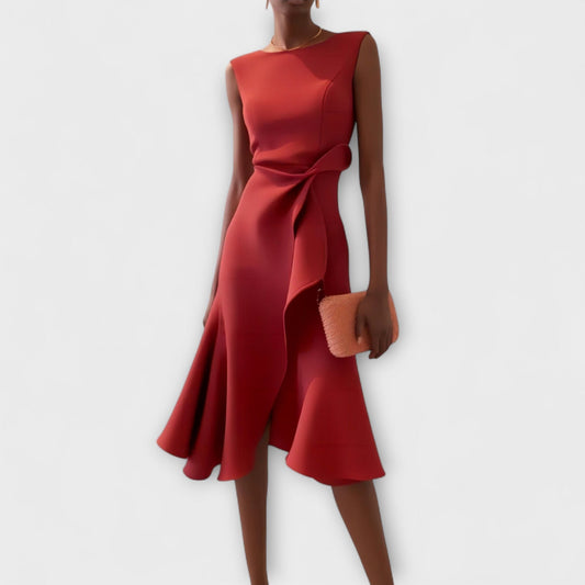 Arabel | Women's Ruffle Hem Wrap Detail Midi Dress in Red