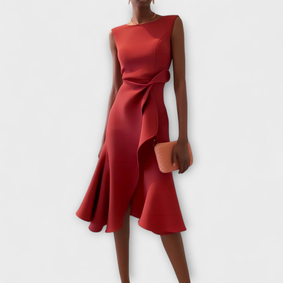 Arabel | Women's Ruffle Hem Wrap Detail Midi Dress in Red