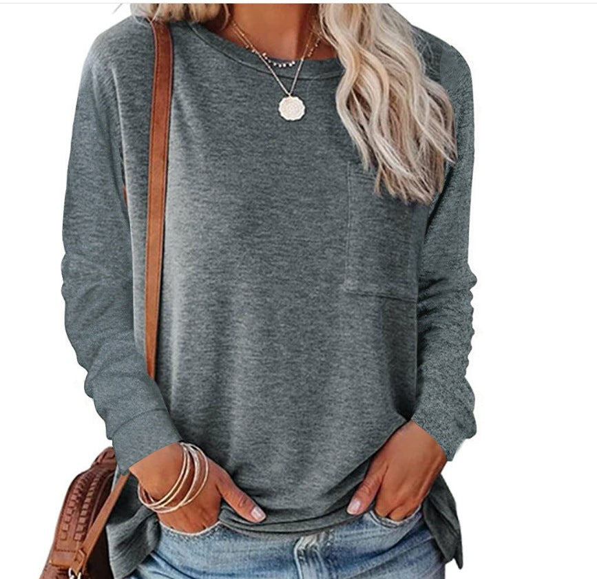 Araminta | Women's Crew Neck Long Sleeve Pockets Casual Top in Gray