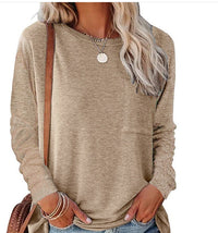 Araminta | Women's Crew Neck Long Sleeve Pockets Casual Top in Khaki