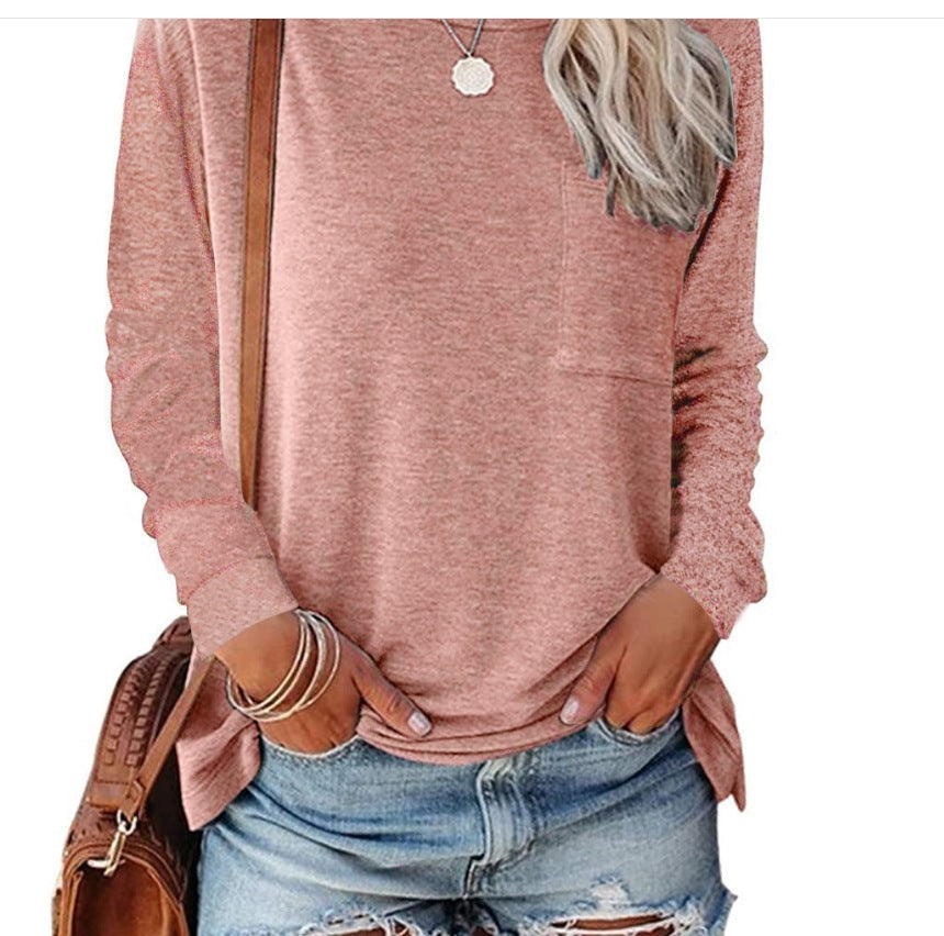 Araminta | Women's Crew Neck Long Sleeve Pockets Casual Top in Pink