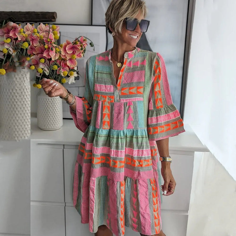 Araminta | Women's Printed Tiered Mini Spring Dress in Pink
