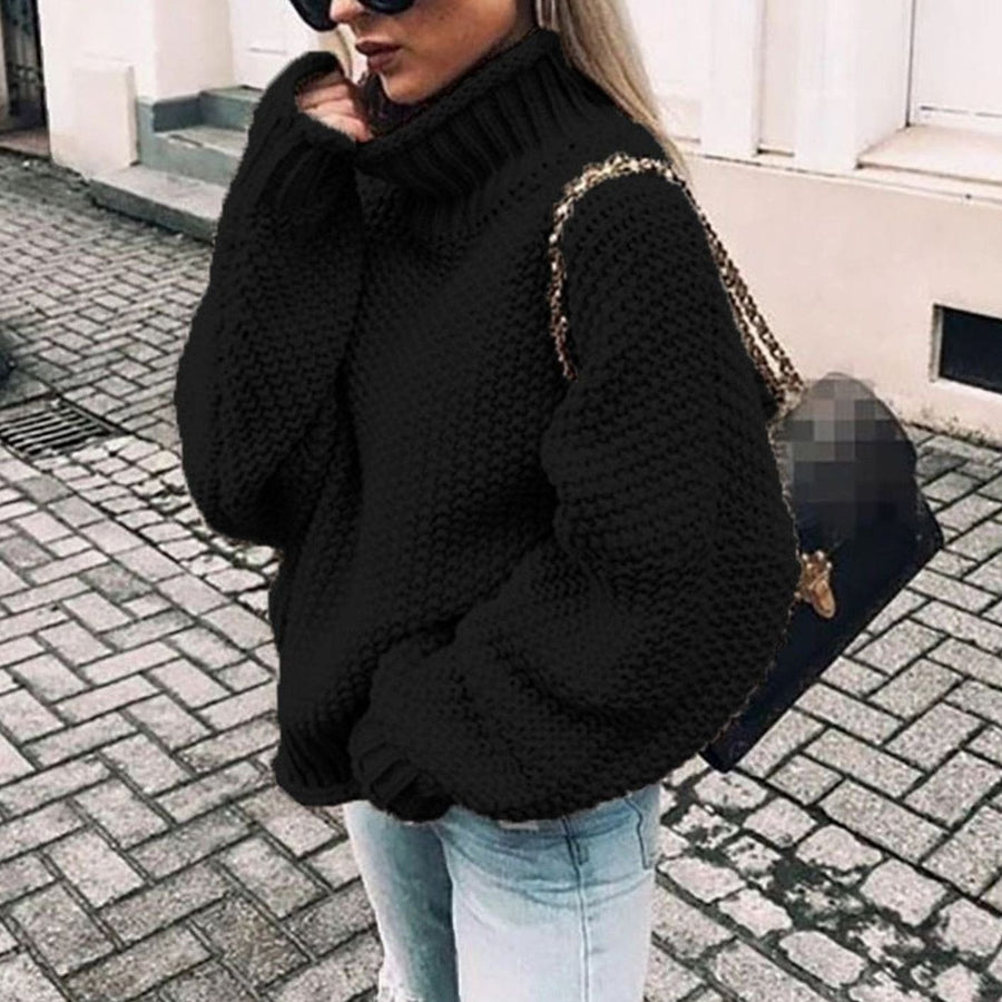 Ariana | Women's Oversized Chunky Knit Turtleneck Sweater in Black