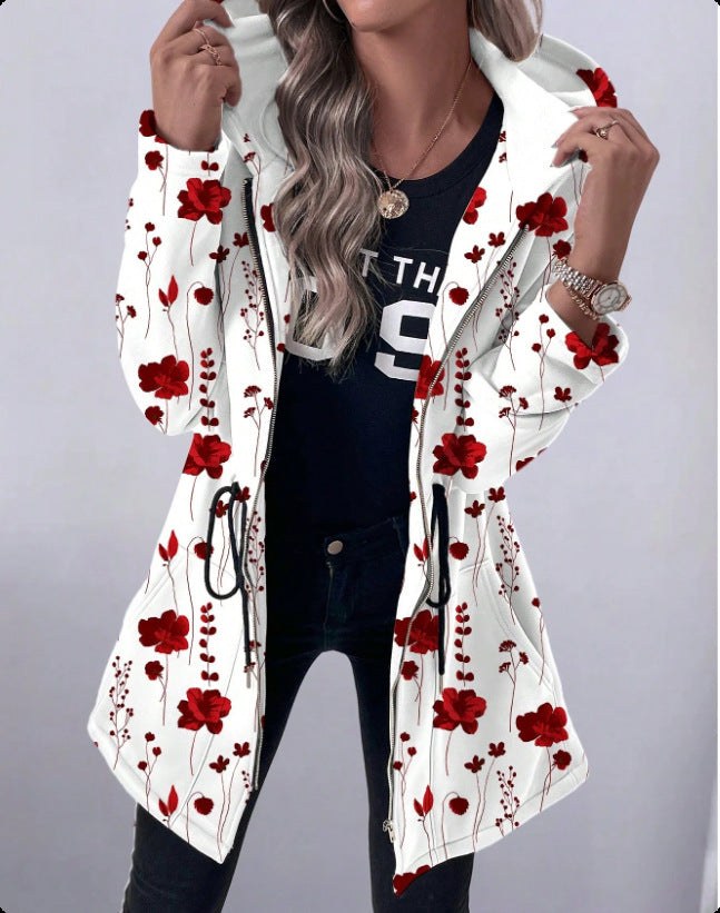 Arielle | Women's Zip Hooded Coat in White Red