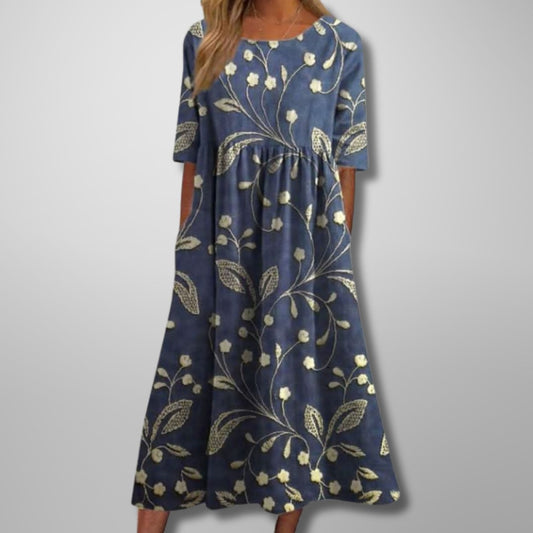 Armine | Women's Short Sleeve Loose Fit Midi Dress in Dark Blue