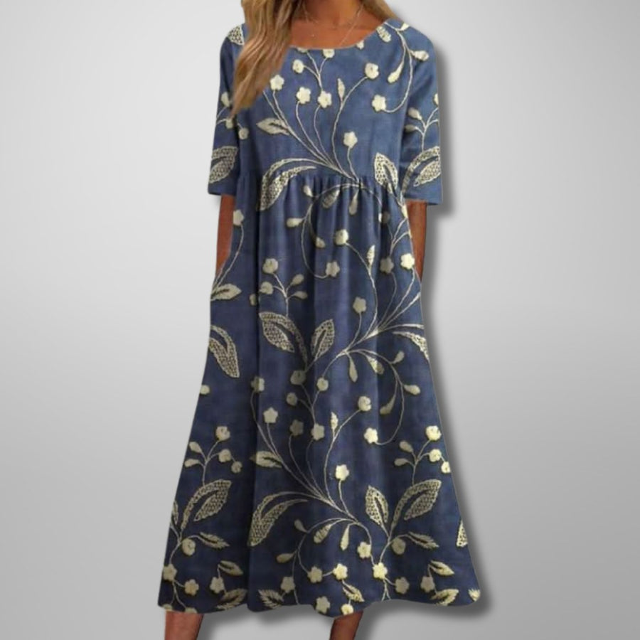 Armine | Women's Short Sleeve Loose Fit Midi Dress in Dark Blue