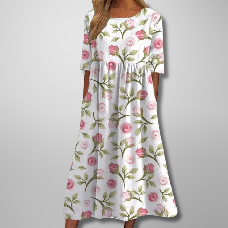 Armine | Women's Short Sleeve Loose Fit Midi Dress in White B