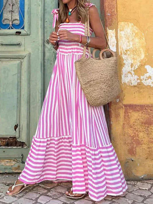 Arnaude | Women's Tie Shoulder Straps Maxi Sumer Dress in Pink