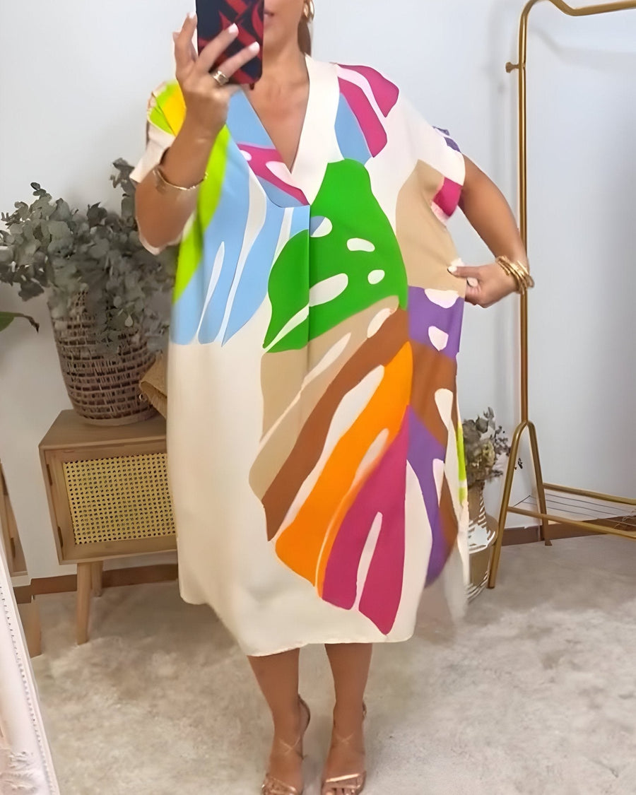 Ascelina | Women's Abstract Midi V-Neck Midi Summer Dress
