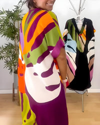 Ascelina | Women's Abstract Midi V-Neck Midi Summer Dress